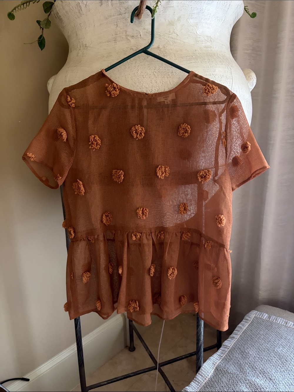entro Sheer Rust Pom-Pom Peplum Blouse